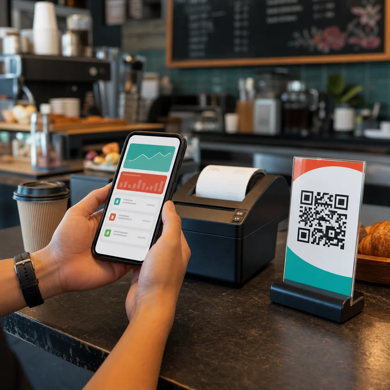 カフェのカウンターでスマートフォン、プリンター、QRコードを確認している様子