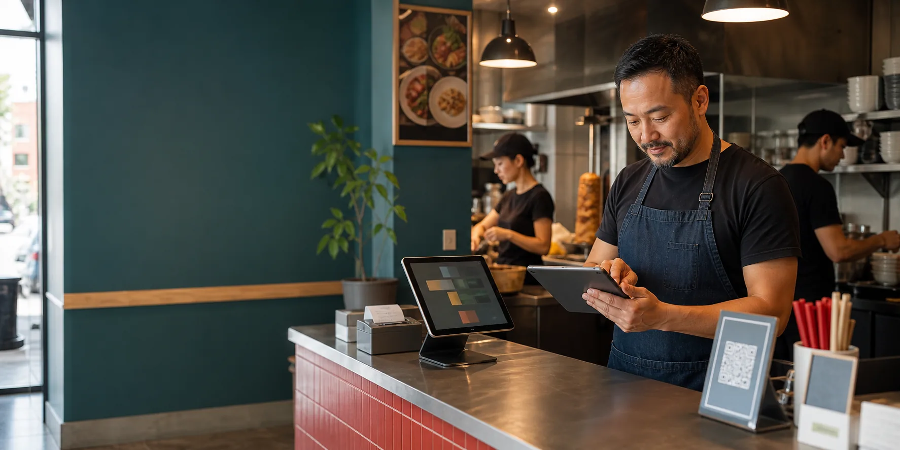 飲食店のカウンターでレジ端末、タブレット、QRコードを使って運用している様子
